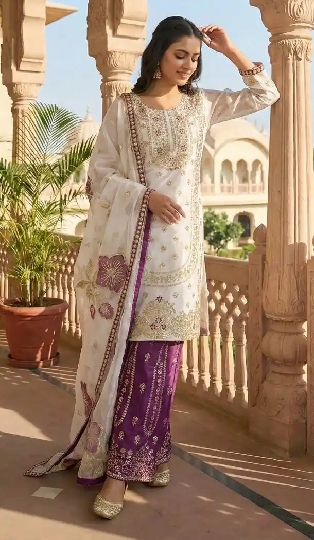 White Silk Palazzo Suit with Rich Designer Work - 217334