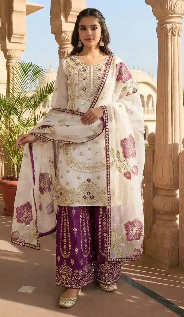 White Silk Palazzo Suit with Rich Designer Work - 217334