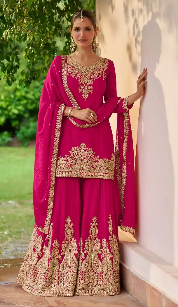 Pink Real Chinon Sharara Suit with Designer Work - 217339