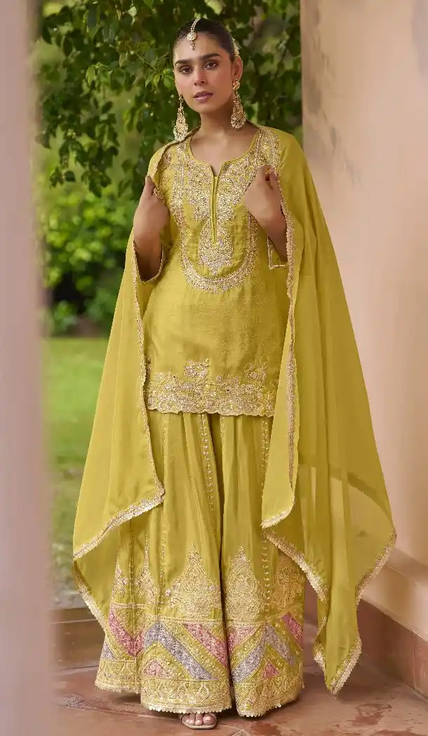 Yellow Real Chinon Sharara Suit with Embroidery Work - 217340