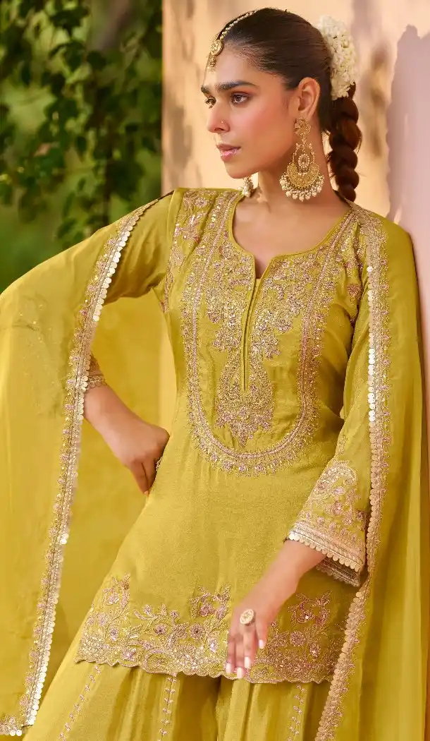 Yellow Real Chinon Sharara Suit with Embroidery Work - 217340