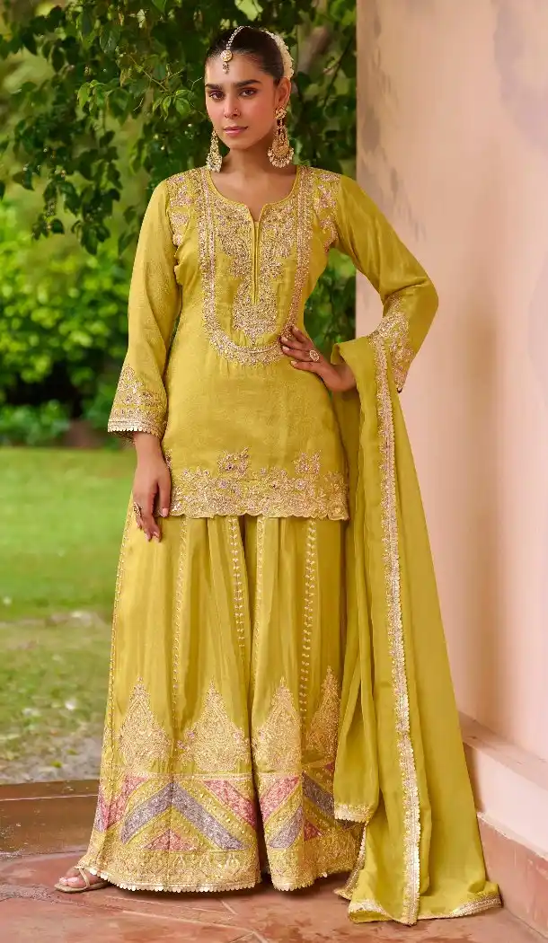 Yellow Real Chinon Sharara Suit with Embroidery Work - 217340