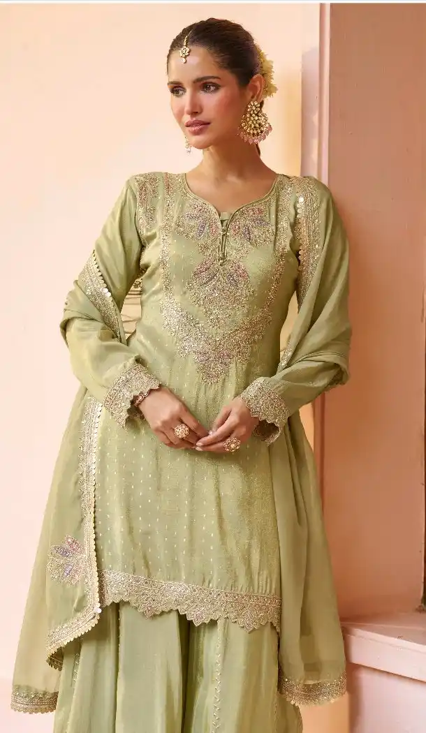 Pista Green Real Chinon Sharara Suit with Elegant Work - 217341