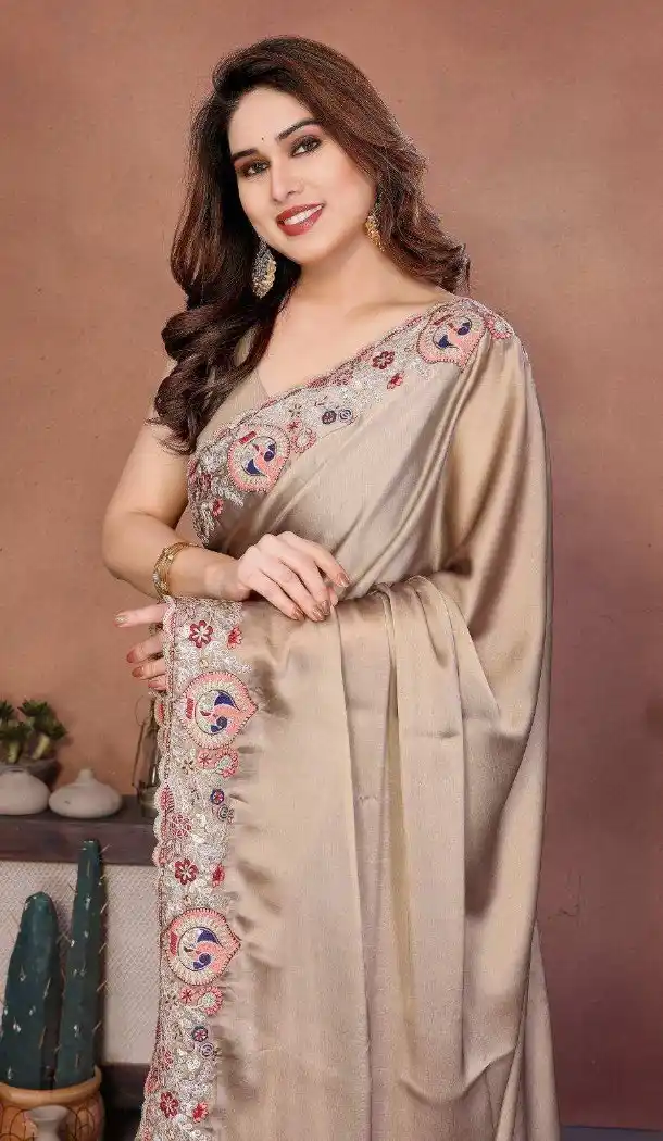Light Brown Crush Silk Saree with Embroidery Work - 217486