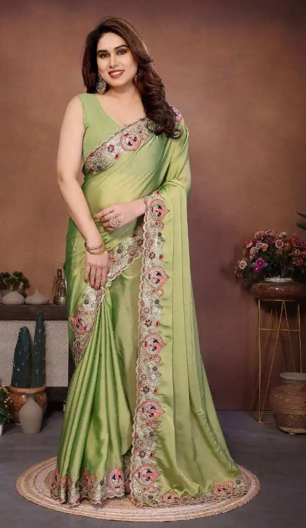Pista Green Crush Silk Saree with Cutwork Border - 217487
