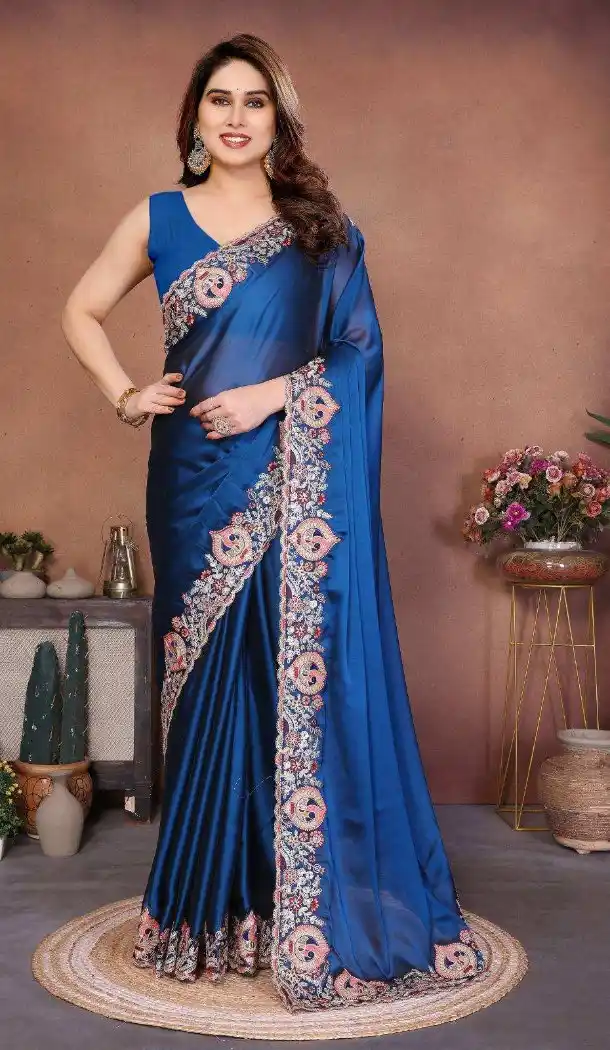Teal Blue Crush Silk Saree with Designer Border - 217488