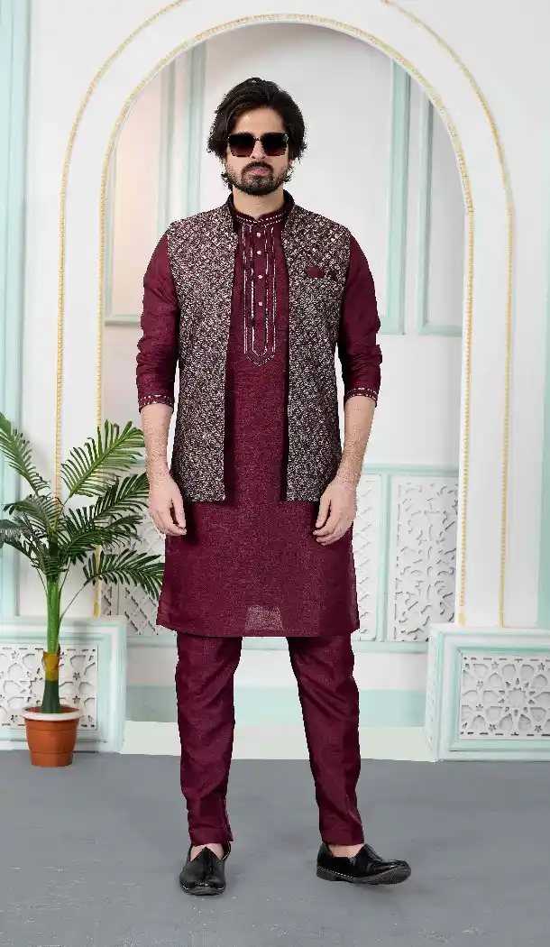 Maroon Art Banarasi Silk Kurta Pajama for Men - 217493