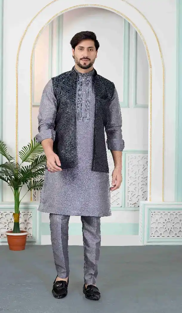 Men Grey Kurta Pajama in Art Banarasi Silk - 217494