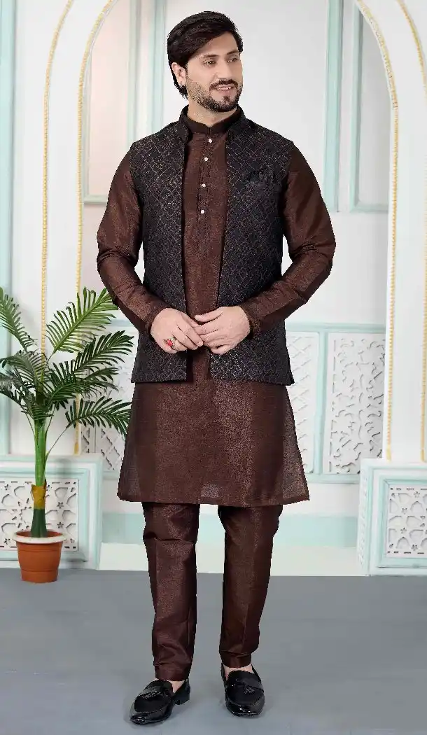 Brown Men Kurta Pajama in Art Banarasi Silk - 217495