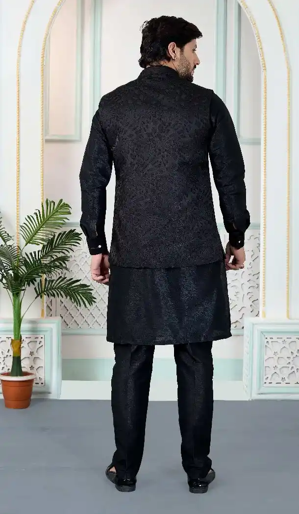 Black Art Banarasi Silk Men Kurta Pajama - 217496