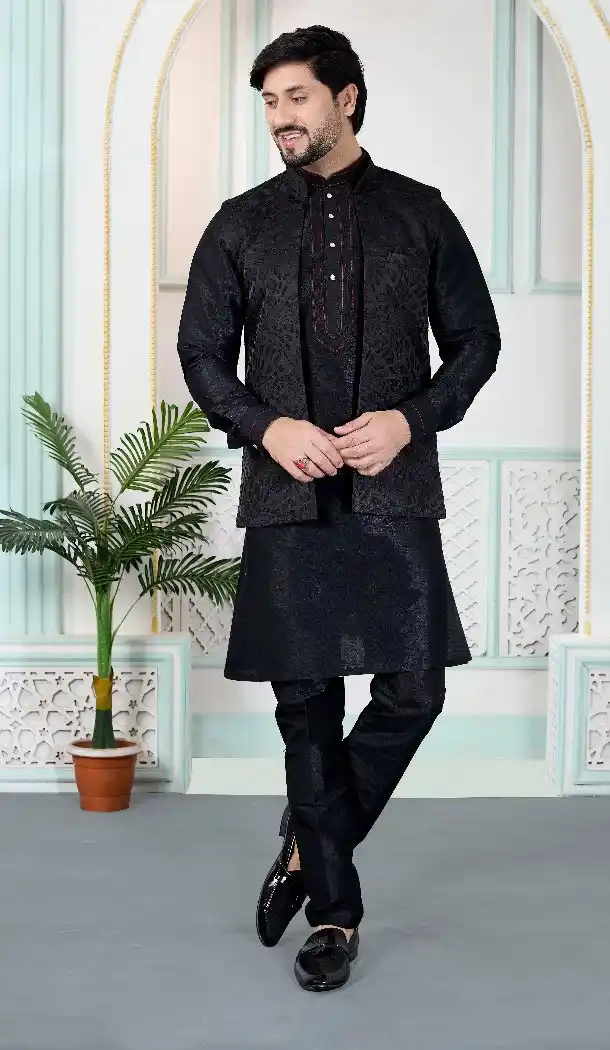 Black Art Banarasi Silk Men Kurta Pajama - 217496