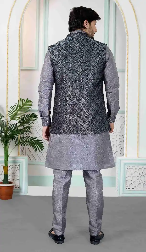 Men Grey Art Banarasi Silk Kurta Pajama Set - 217497