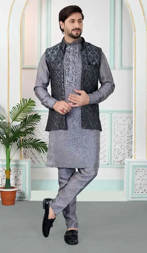 Men Grey Art Banarasi Silk Kurta Pajama Set - 217497