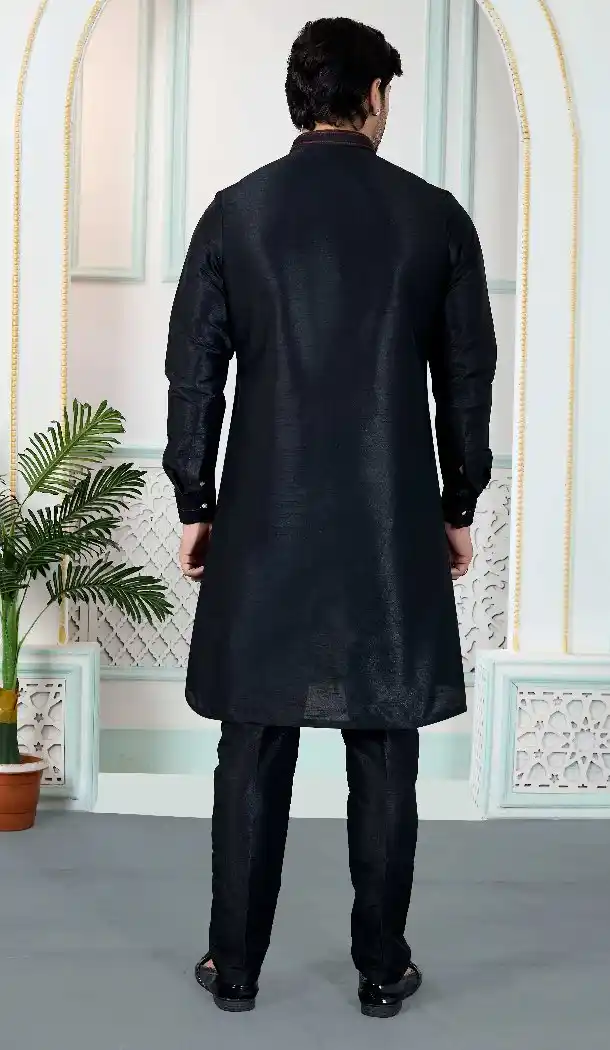 Black Men Kurta Pajama in Art Banarasi Silk - 217498