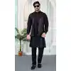 Men Black Kurta Pajama Set in Art Banarasi Silk Plus Size - 217498