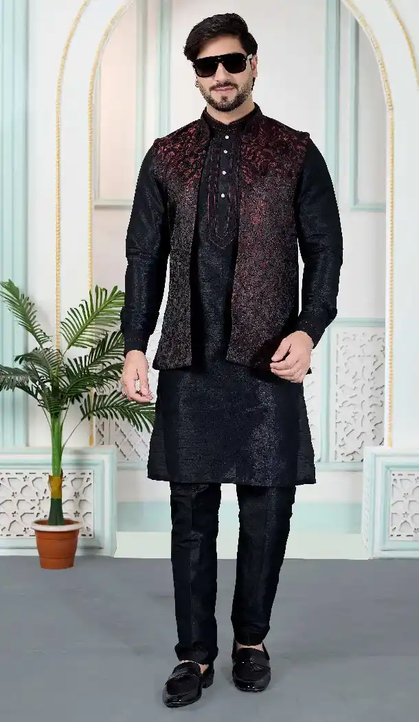 Black Men Kurta Pajama in Art Banarasi Silk - 217498