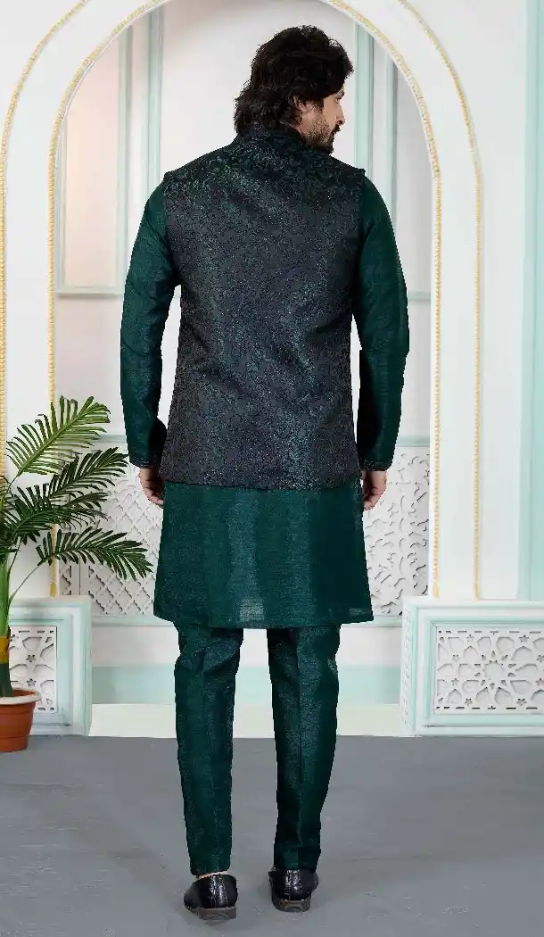 Green Art Banarasi Silk Kurta Pajama for Men - 217499
