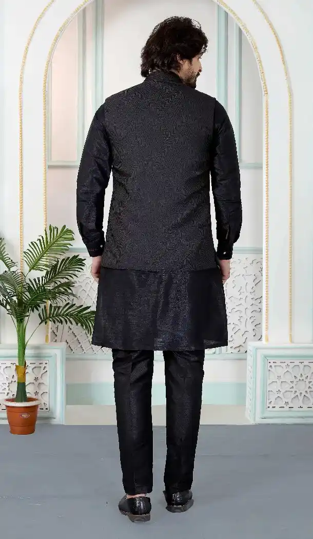 Men Black Kurta Pajama in Art Banarasi Silk - 217500