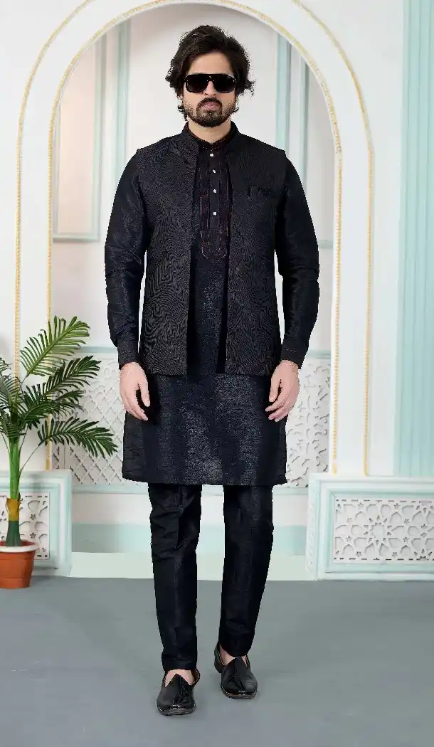 Men Black Kurta Pajama in Art Banarasi Silk - 217500