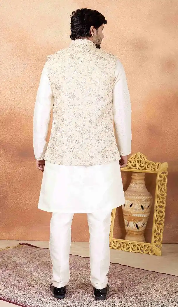 Cream Art Banarasi Silk Men Kurta Pajama - 217501