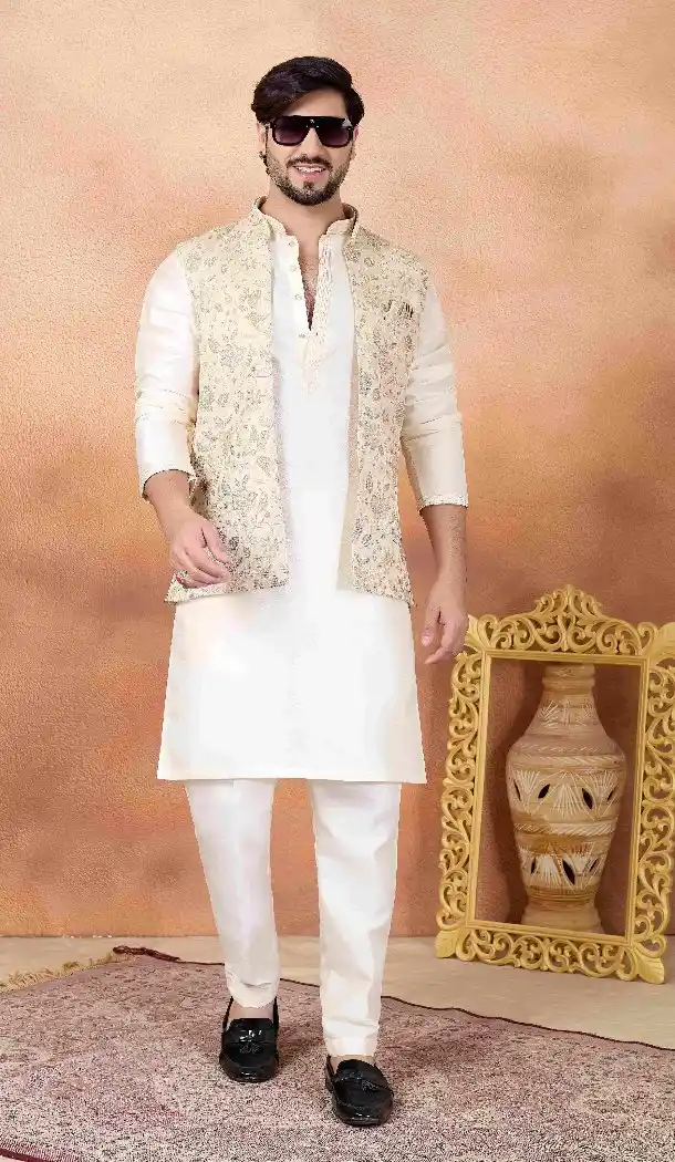 Cream Art Banarasi Silk Men Kurta Pajama - 217501