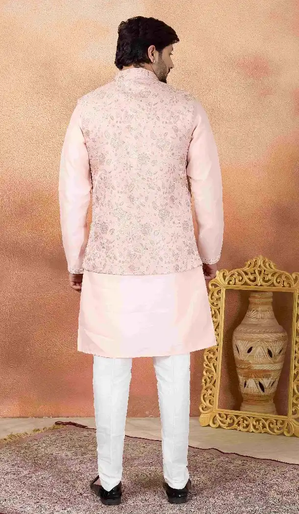 Pink Men Kurta Pajama in Art Banarasi Silk - 217502