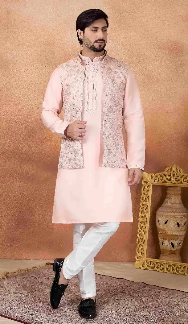 Pink Men Kurta Pajama in Art Banarasi Silk - 217502