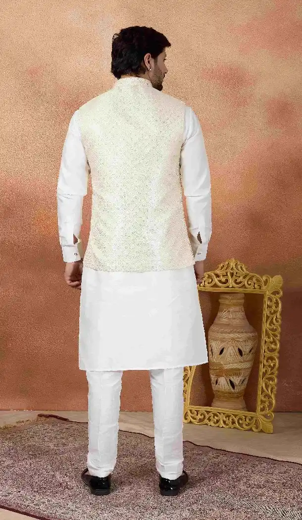 Off White Art Banarasi Silk Kurta Pajama for Men - 217503