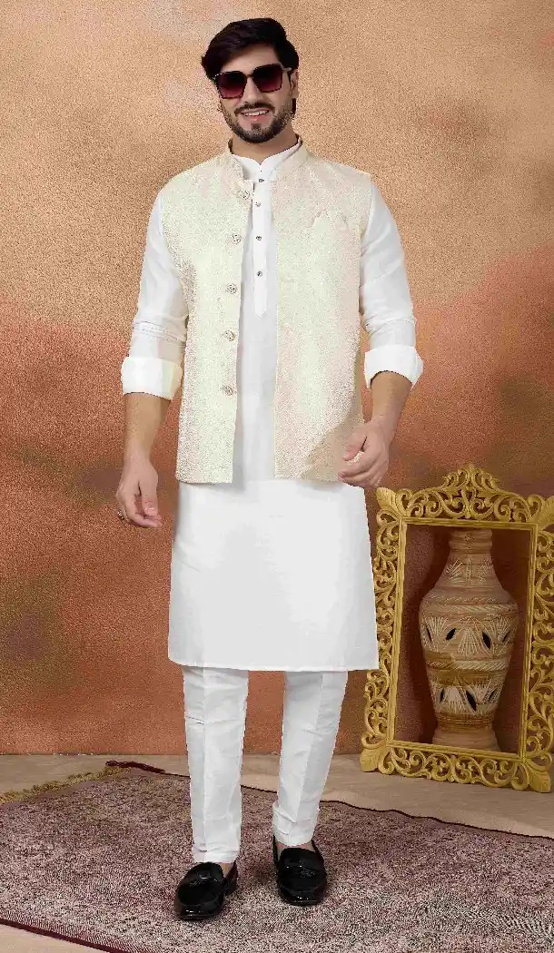 Off White Art Banarasi Silk Kurta Pajama for Men - 217503