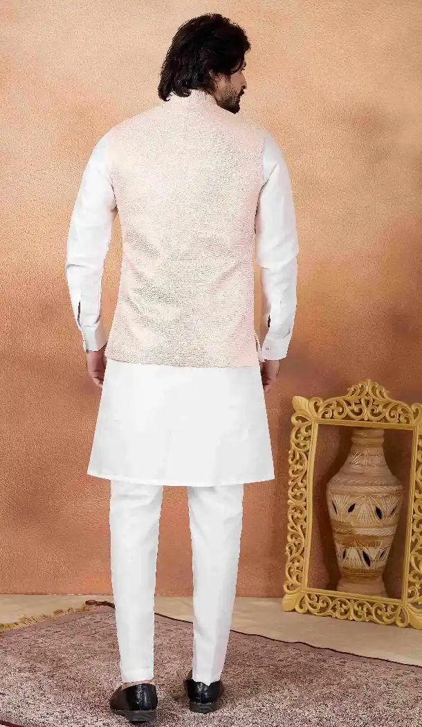 Men Off White Kurta Pajama in Art Banarasi Silk - 217504