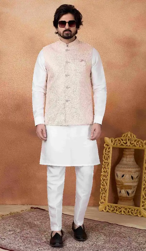 Men Off White Kurta Pajama in Art Banarasi Silk - 217504