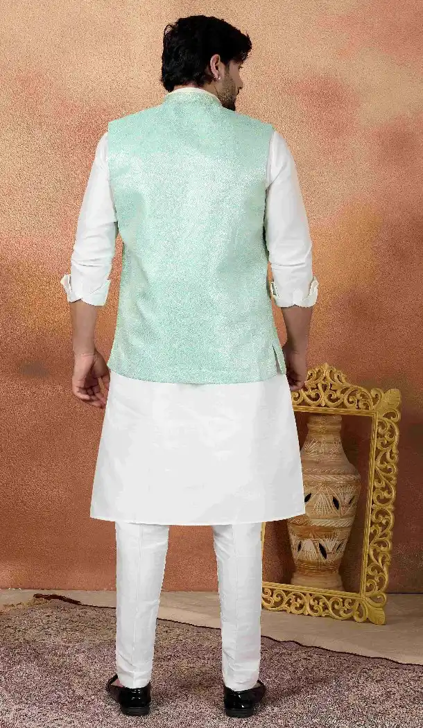 Men Kurta Pajama in Off White Art Banarasi Silk - 217506