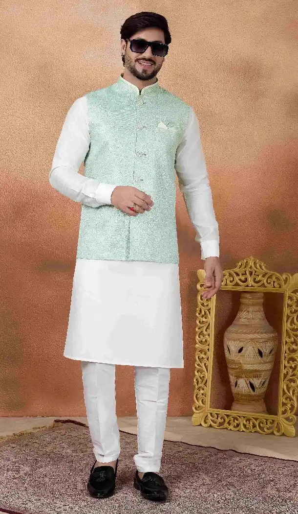 Men Kurta Pajama in Off White Art Banarasi Silk - 217506