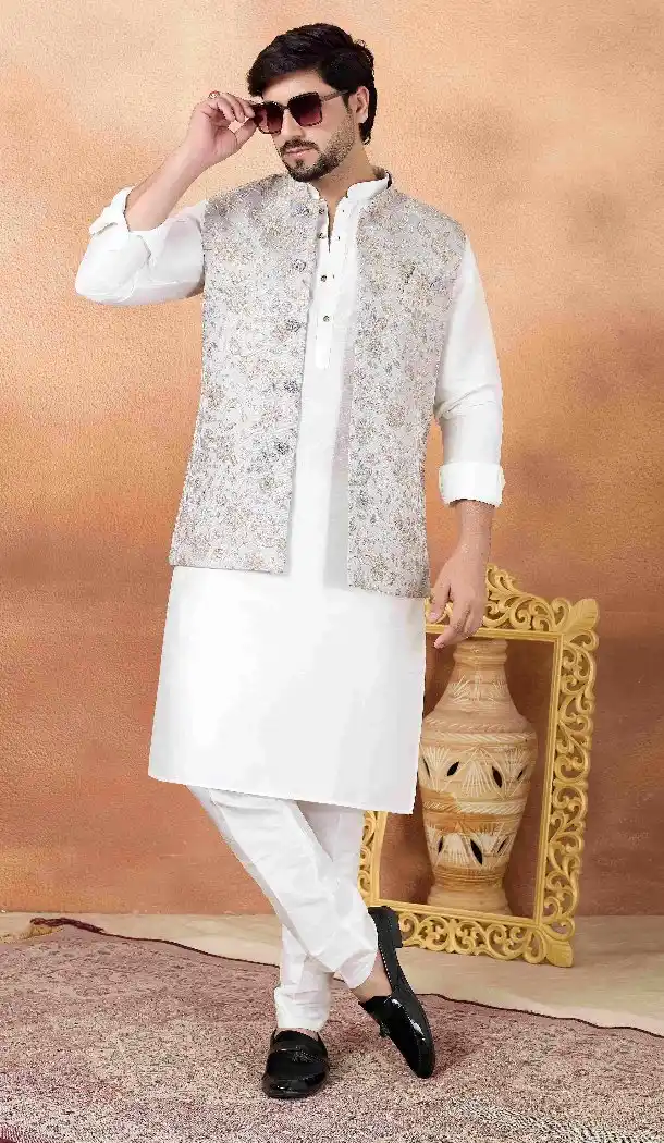 Art Banarasi Silk Off White Men Kurta Pajama - 217507