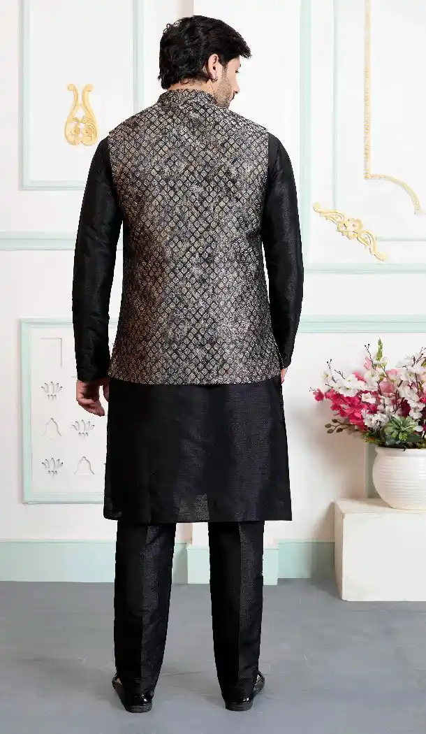 Black Kurta Pajama for Men in Art Banarasi Silk - 217509