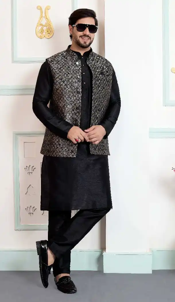 Black Kurta Pajama for Men in Art Banarasi Silk - 217509