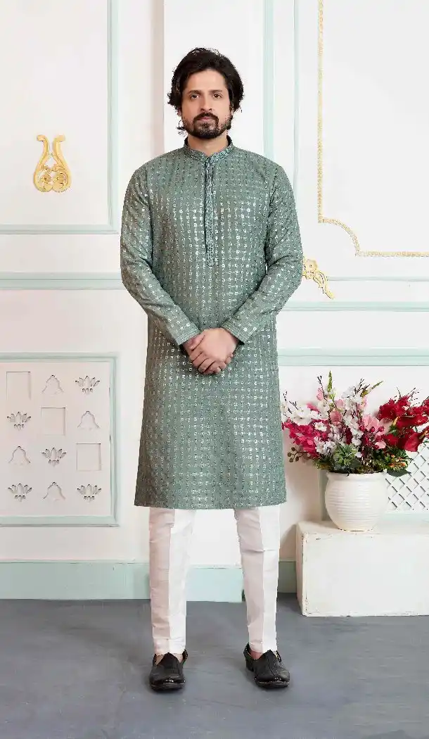 Green Embroidery Work Men Art Silk Kurta Pajama - 217543