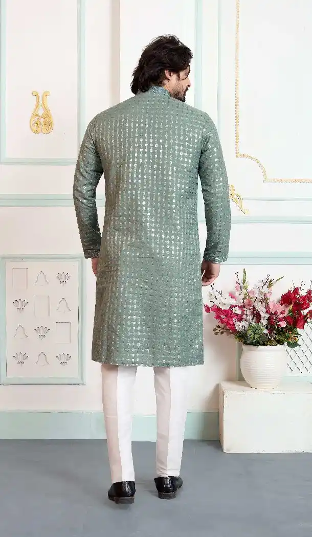 Green Embroidery Work Men Art Silk Kurta Pajama - 217543