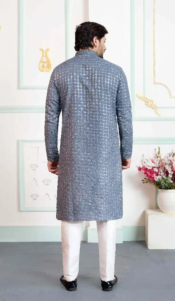 Grey Art Silk Kurta Pajama with Embroidery Design for Men - 217544