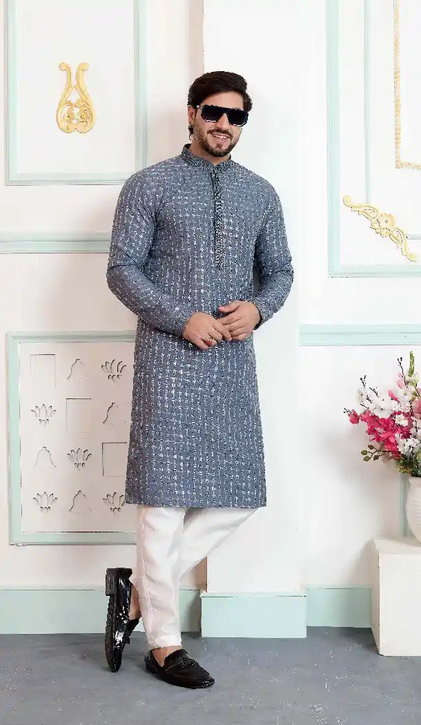 Grey Art Silk Kurta Pajama with Embroidery Design for Men - 217544