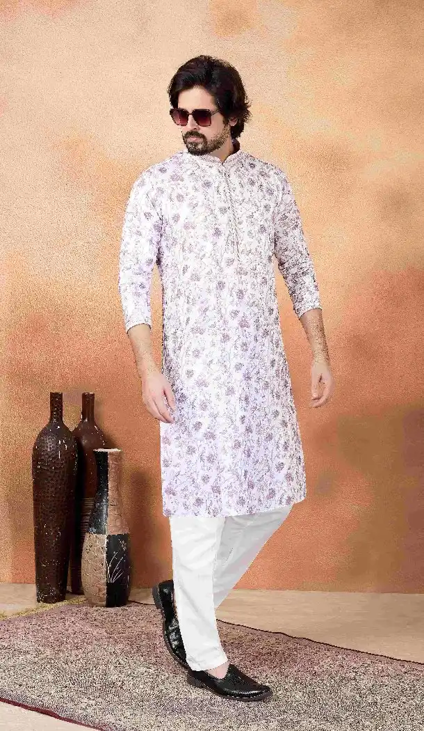 Purple Digital Print Men Kurta Pajama in Art Silk - 217545