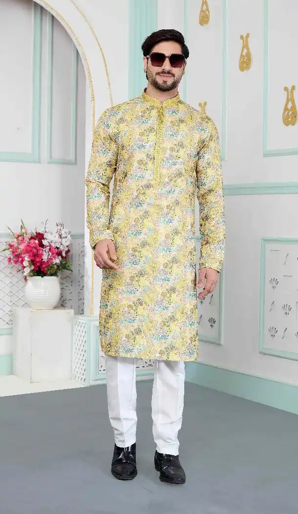 Yellow Art Silk Festive Kurta Pajama for Men - 217546