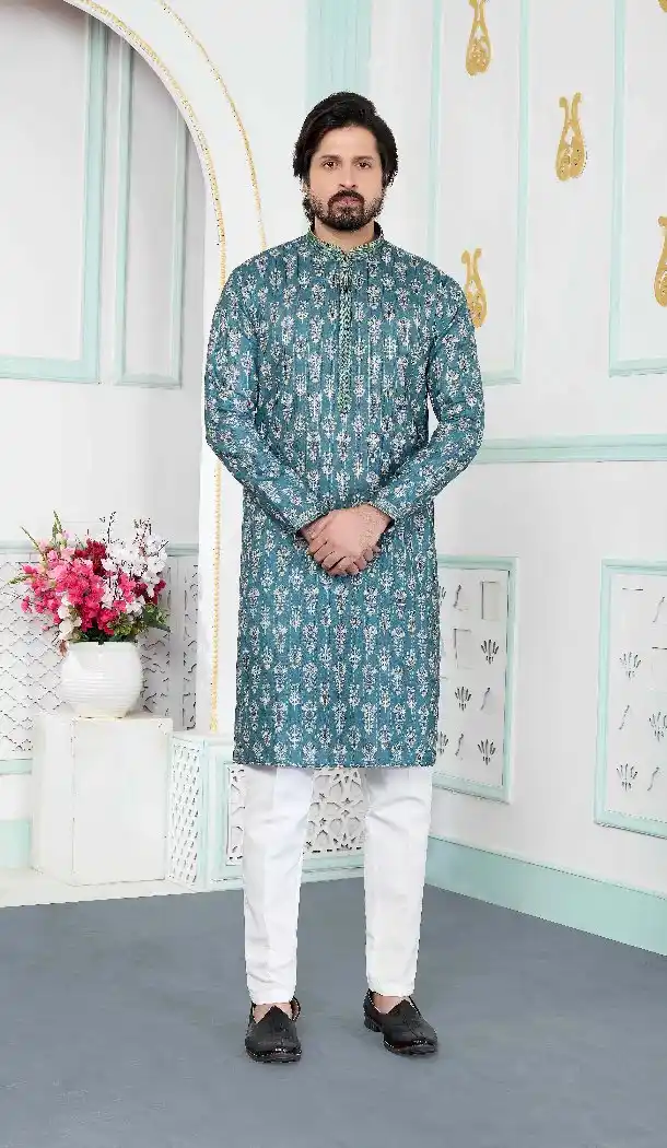 Green Digital Print Art Silk Kurta Pajama for Men - 217547