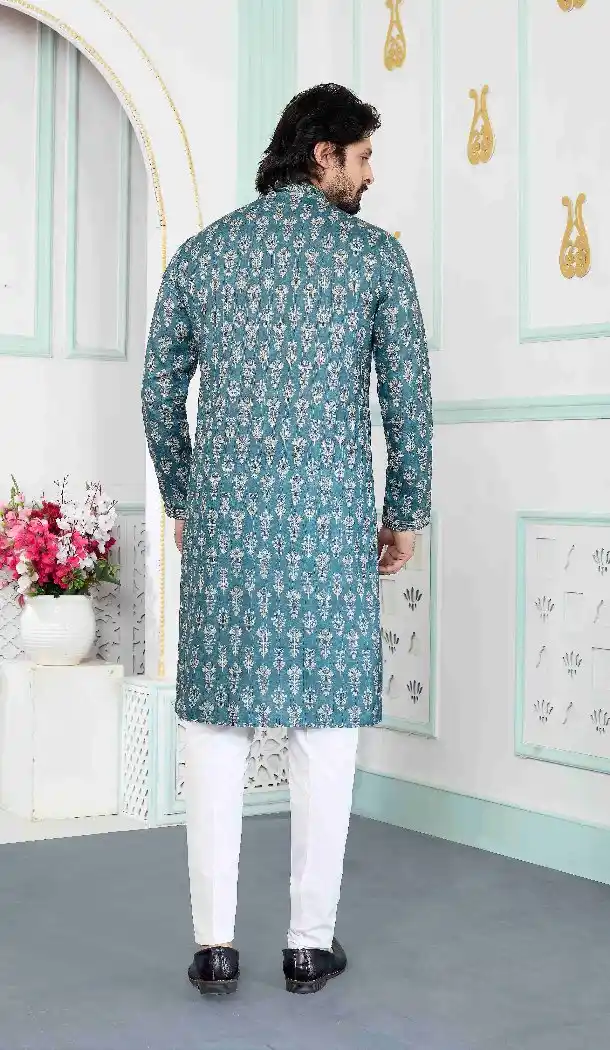 Green Digital Print Art Silk Kurta Pajama for Men - 217547