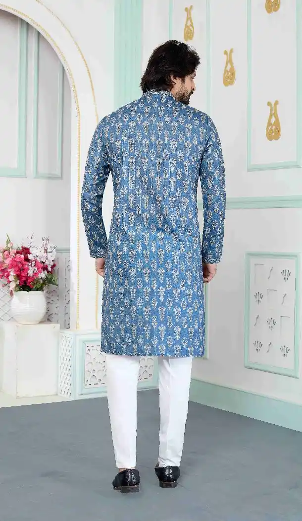 Blue Men Kurta Pajama with Art Silk Digital Print - 217548
