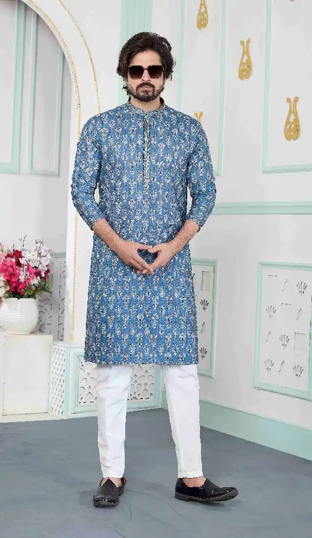 Blue Men Kurta Pajama with Art Silk Digital Print - 217548