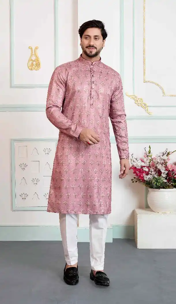 Onion Color Men Art Silk Kurta Pajama with Print Work - 217549