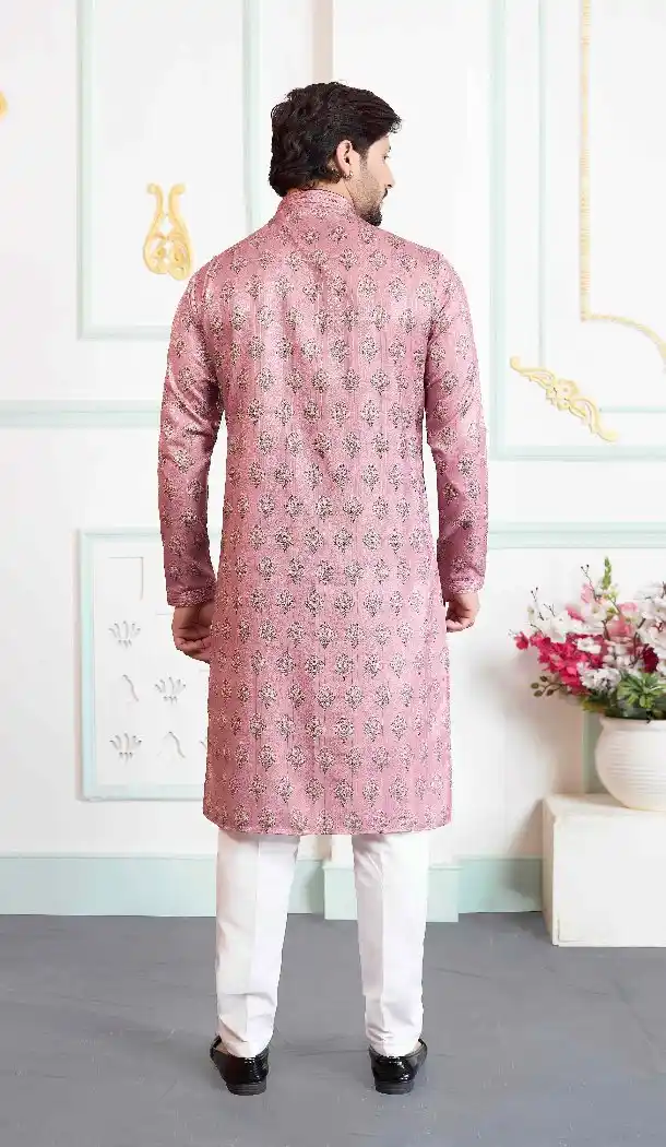 Onion Color Men Art Silk Kurta Pajama with Print Work - 217549
