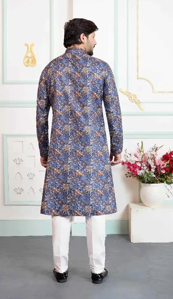 Blue Digital Print Art Silk Men Kurta Pajama - 217551