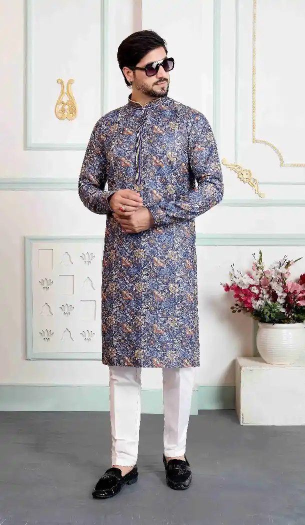 Blue Digital Print Art Silk Men Kurta Pajama - 217551